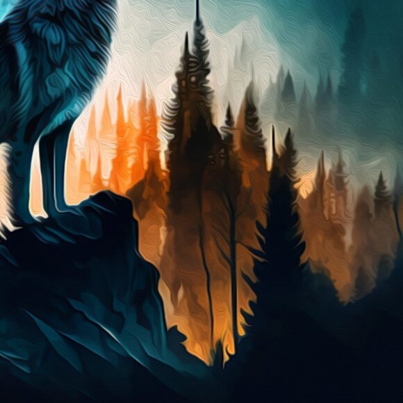 8x8 Wolf Howling at the Moon Midnight Wall Art Watercolor Oil Painting‎ Print - Picture 5 of 6